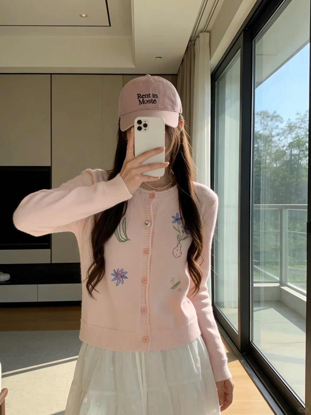 💕慵懶甜美粉色刺繡小花翻領針織開衫