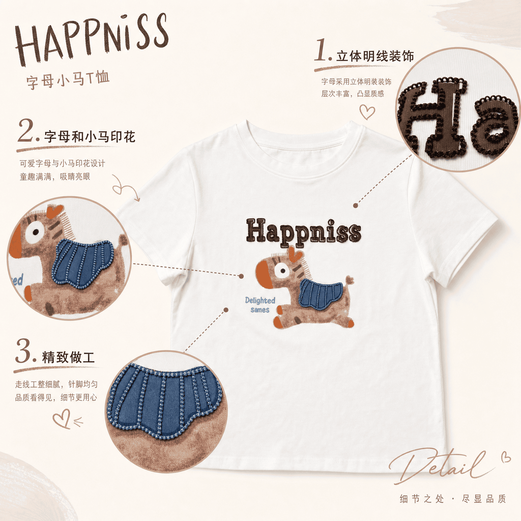 💕可愛元氣小馬立體刺繡圓領短袖上衣