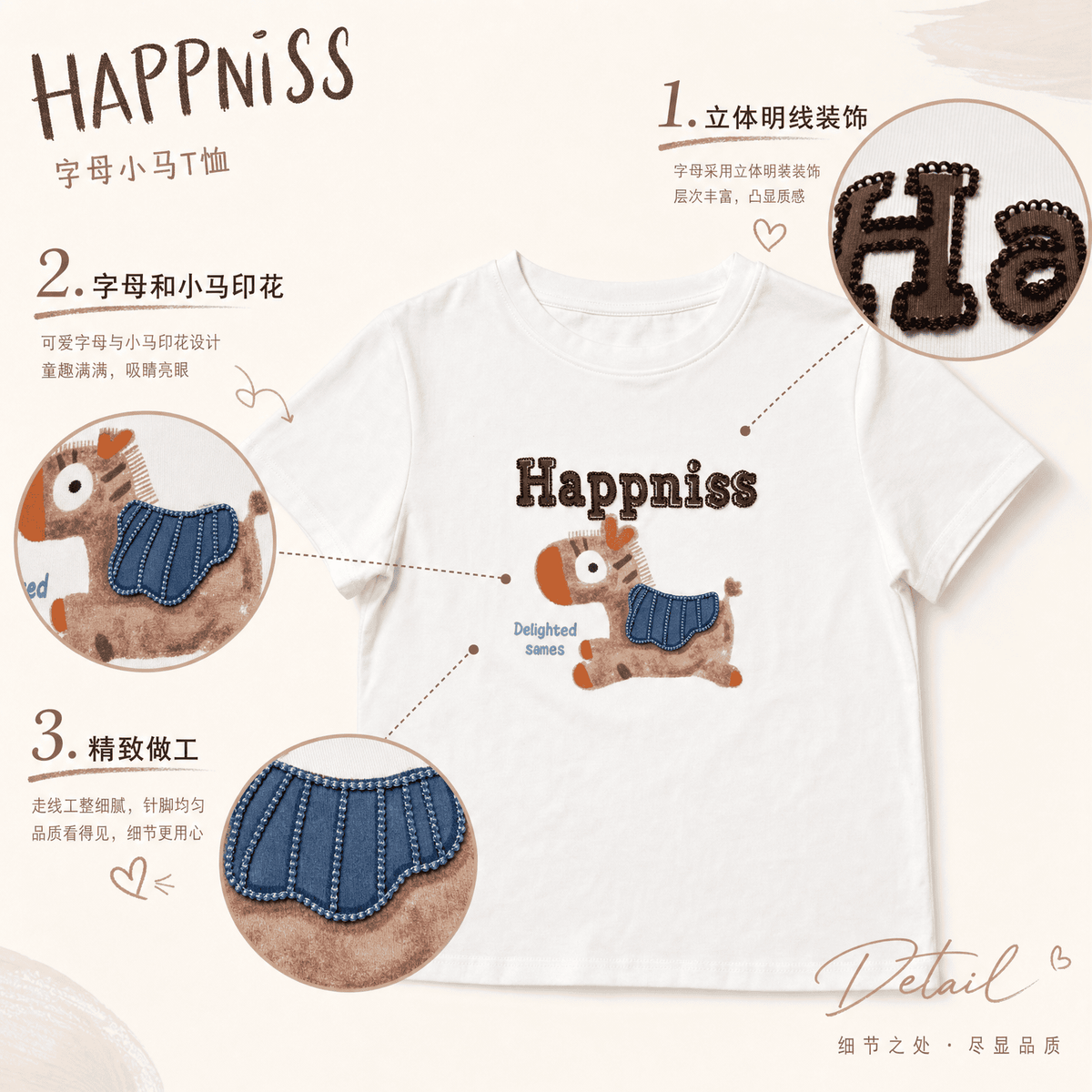 💕可愛元氣小馬立體刺繡圓領短袖上衣