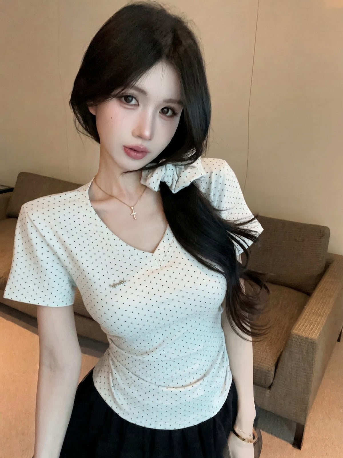 💕氣質星星點點V領短袖上衣