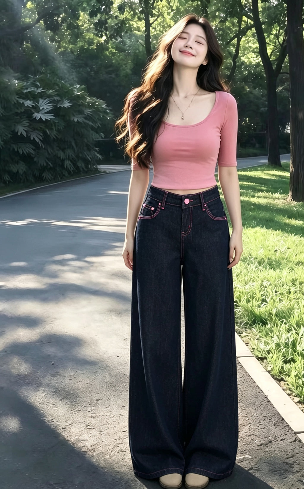 💕氣質設計感粉色線復古闊腿牛仔直口褲