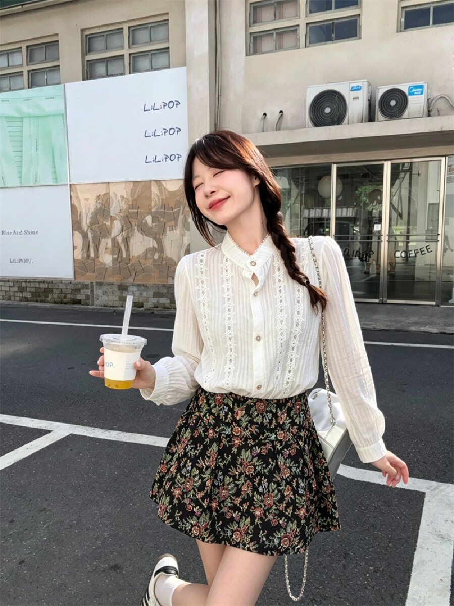 💕法式泡泡袖襯衫碎花半身裙小個子兩件套