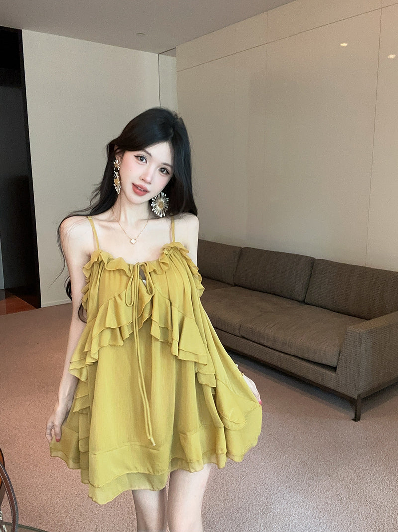 💕氣質重工吊帶荷葉邊不規則連衣裙