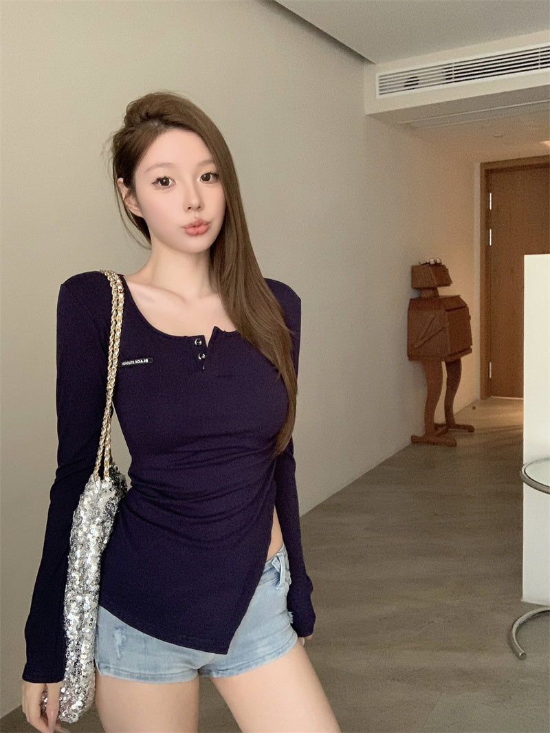 💕美式辣妹V領不規則顯瘦開衩上衣