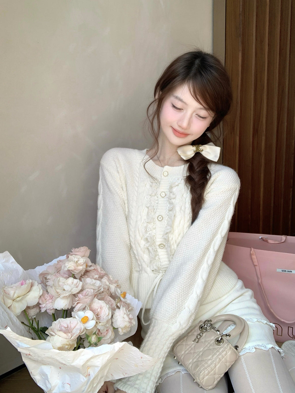 💕繁華勾花宮廷千金感花邊系帶毛衣外套