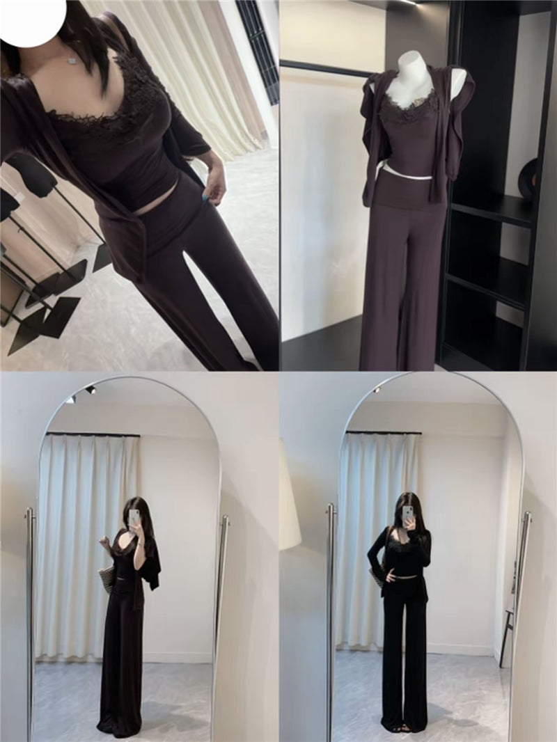 💕溫柔帶胸墊蕾絲吊帶休閒三件套