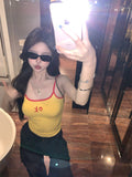 💕淘氣多巴胺撞色OK刺繡字母繡花吊帶上衣