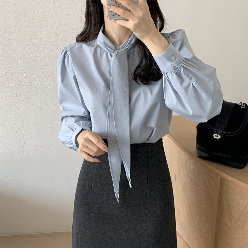 💕韓系chic法式飄帶領結襯衫