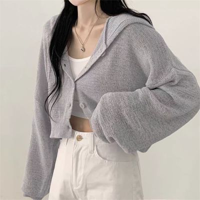 💕chic韓系春秋慵懶短版燈籠袖連帽開衫