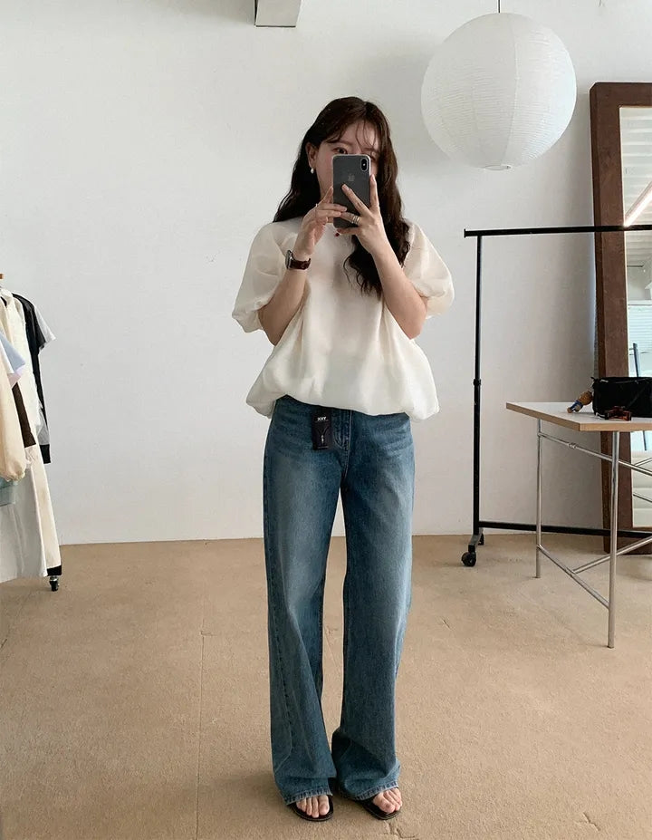 💕溫柔氣質簡約泡泡袖寬鬆顯瘦花苞衫上衣