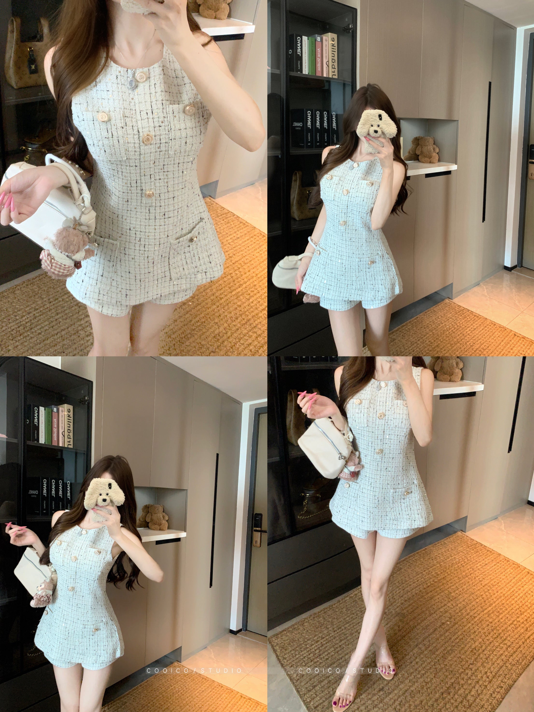 💕名媛小香千金風收腰無袖上衣短褲兩件套