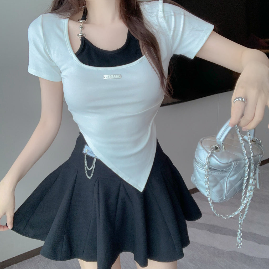 💕設計感掛脖假兩件不規則顯瘦上衣