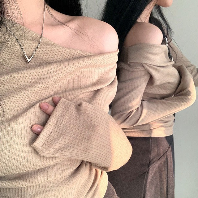 💕溫柔春秋純欲露肩+飄帶顯瘦法式上衣
