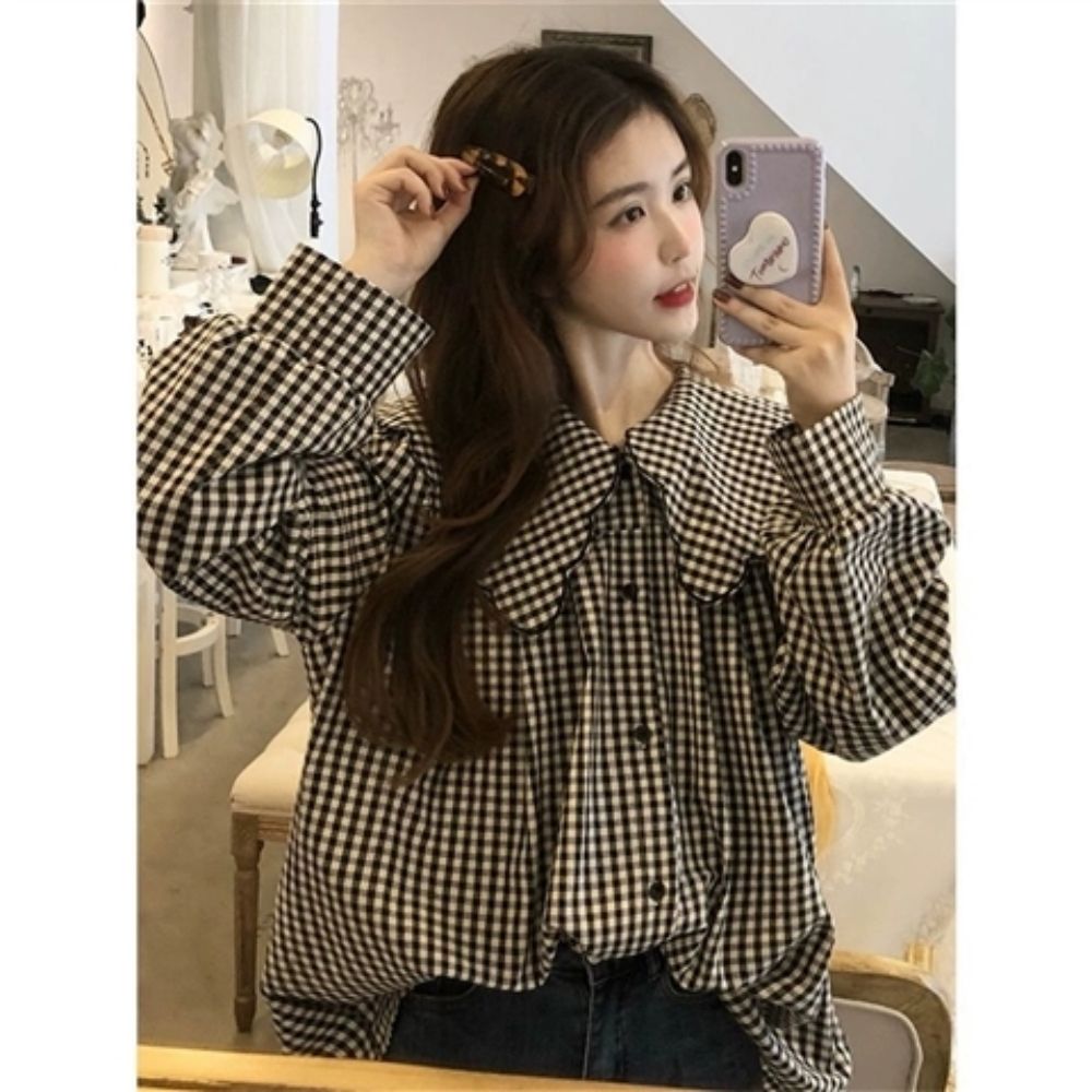 💕法式撞色格子娃娃領襯衫顯瘦排釦上衣