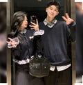 💕秋冬法式梨形長袖拼接假兩件情侶套裝