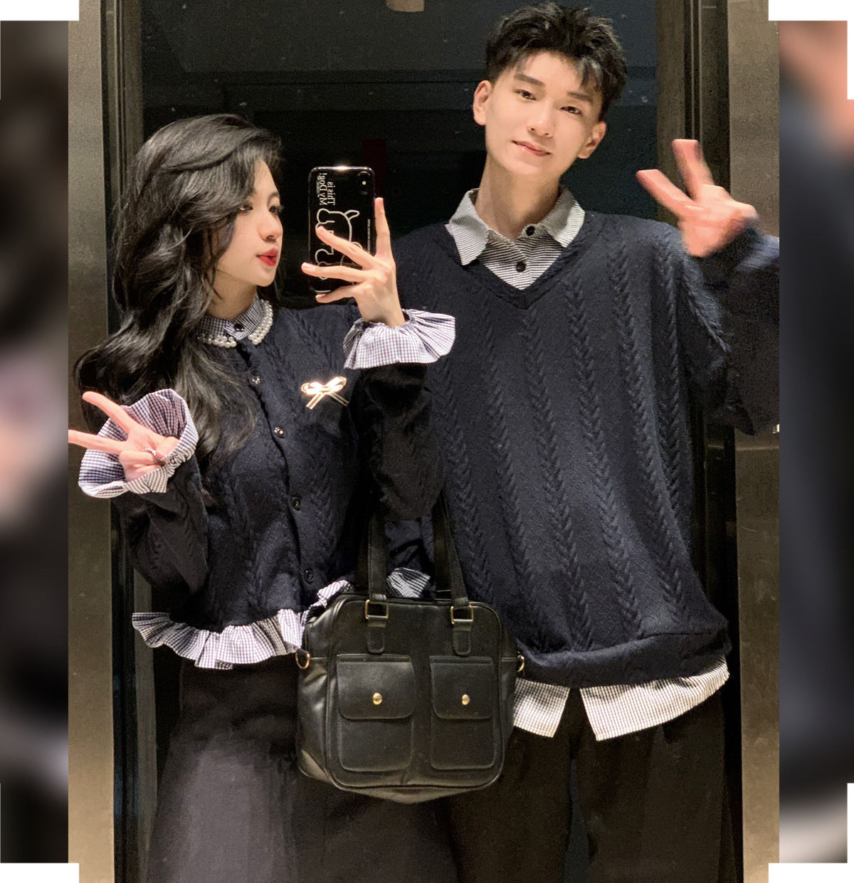 💕秋冬法式梨形長袖拼接假兩件情侶套裝