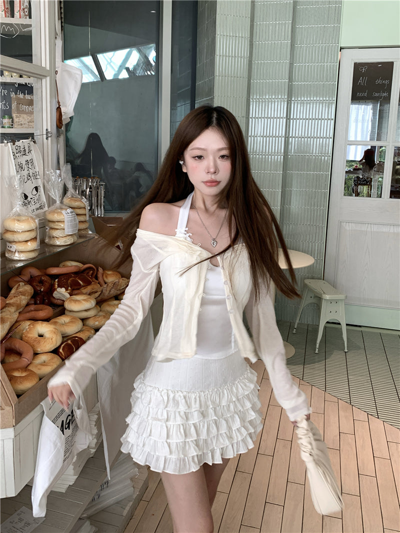 💕氧氣感貴氣羊毛長袖掛脖吊帶背心兩件套