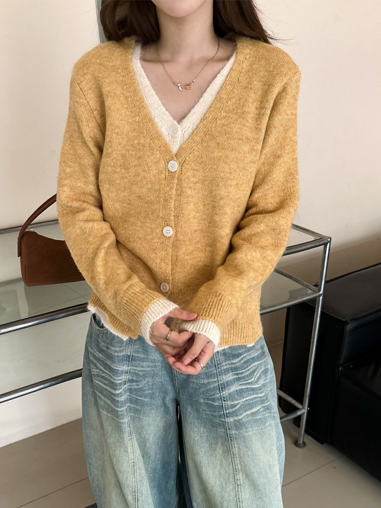💕韓系簡約日常撞色假兩件針織開衫