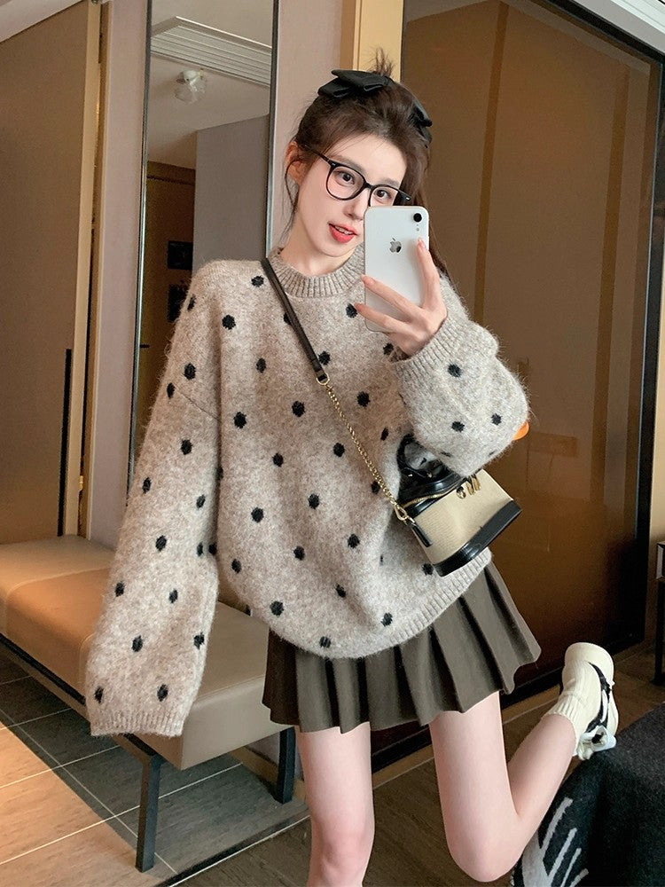 💕chic韓系點點秋冬加厚寬鬆休閒圓領上衣