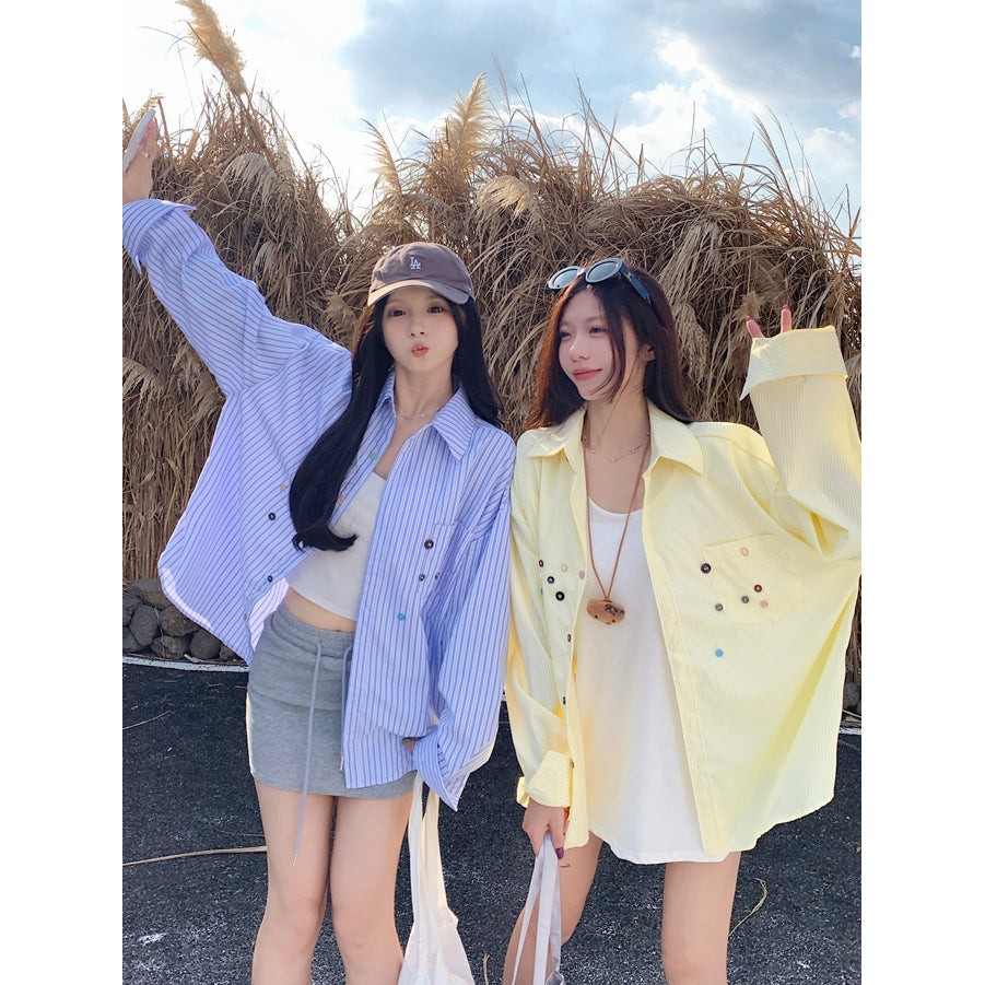 💕青春寬鬆百搭別緻彩色鈕扣條紋襯衫