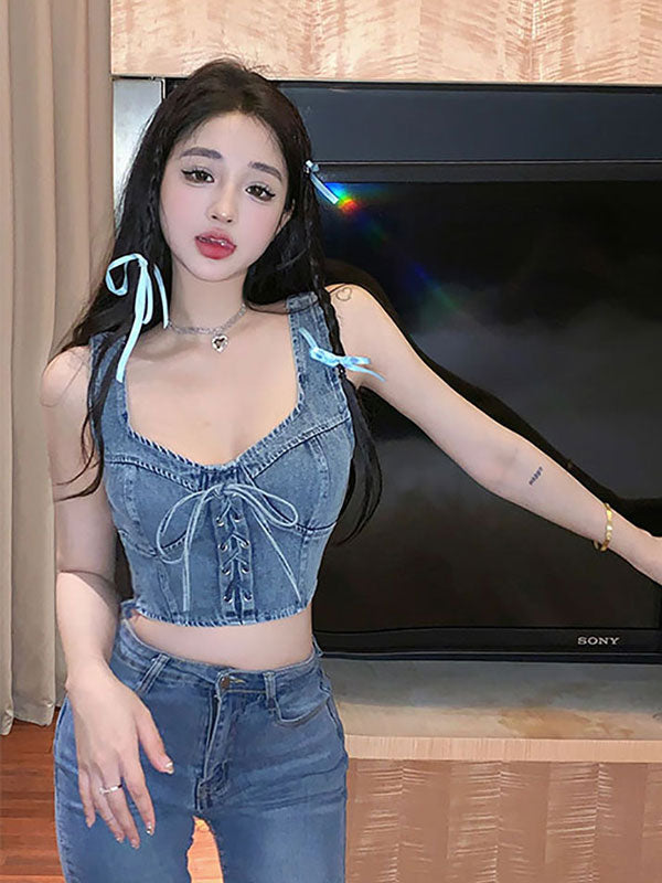 💕時尚辣妹綁帶牛仔背心