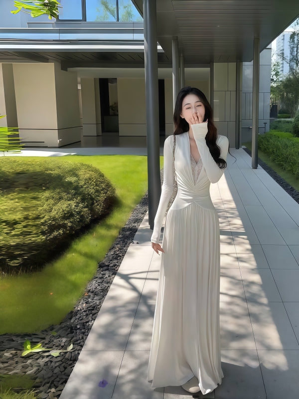💕純欲深V氣質宴會蕾絲約會白色連衣裙