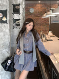 💕韓系格子襯衫連衣裙+連帽披肩配腰帶