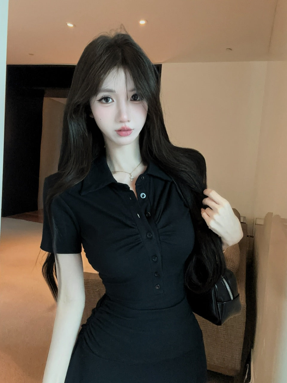 💕顯瘦百搭翻領收腰黑色翻領短袖大擺連衣裙