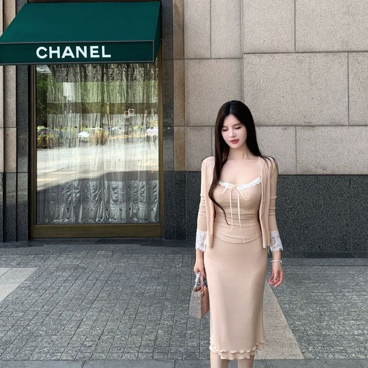 💕溫柔御姊休閒蕾絲吊帶半身裙三件套