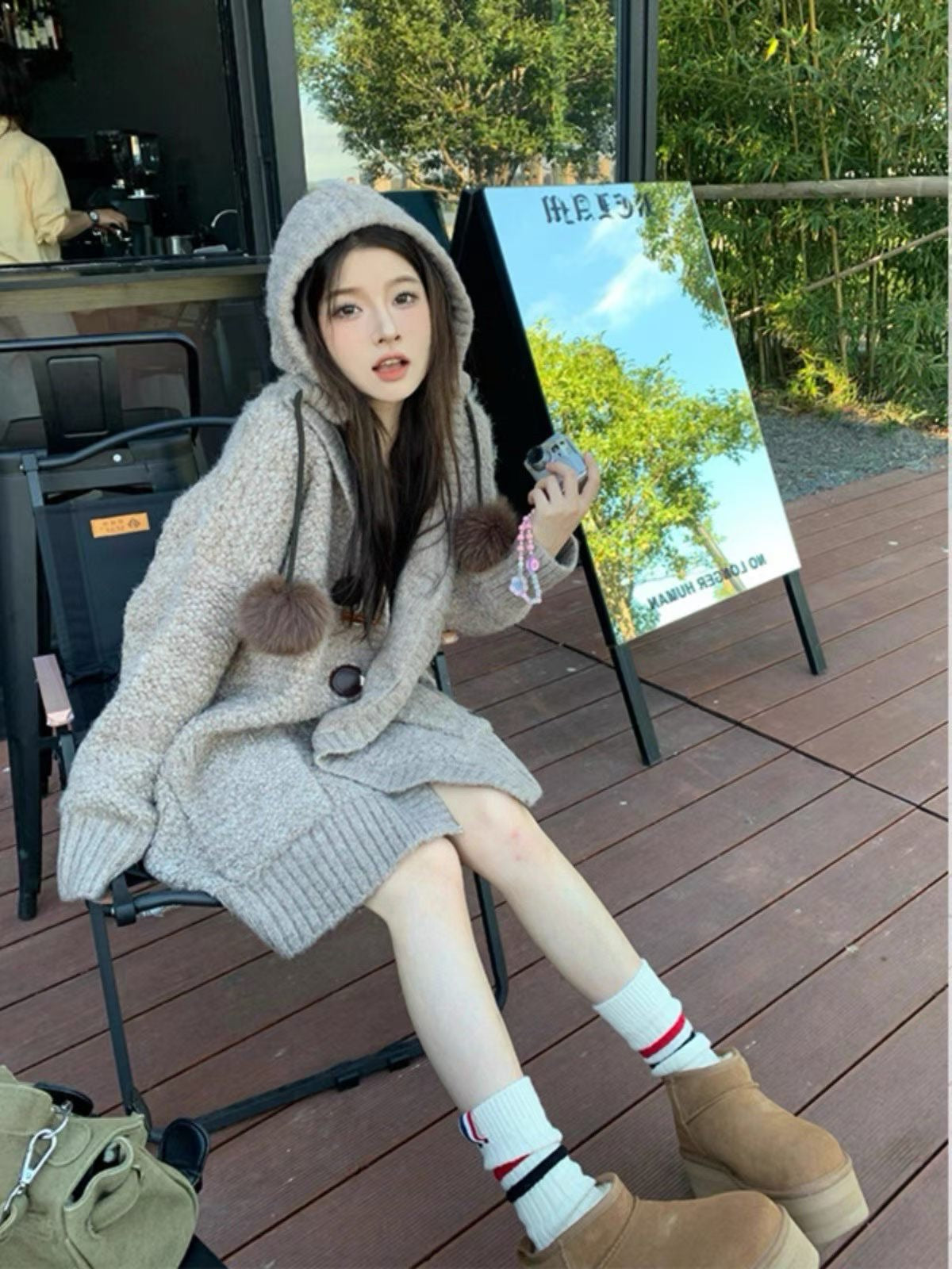 💕慵懶風灰色牛角扣連帽針織寬鬆顯瘦外套