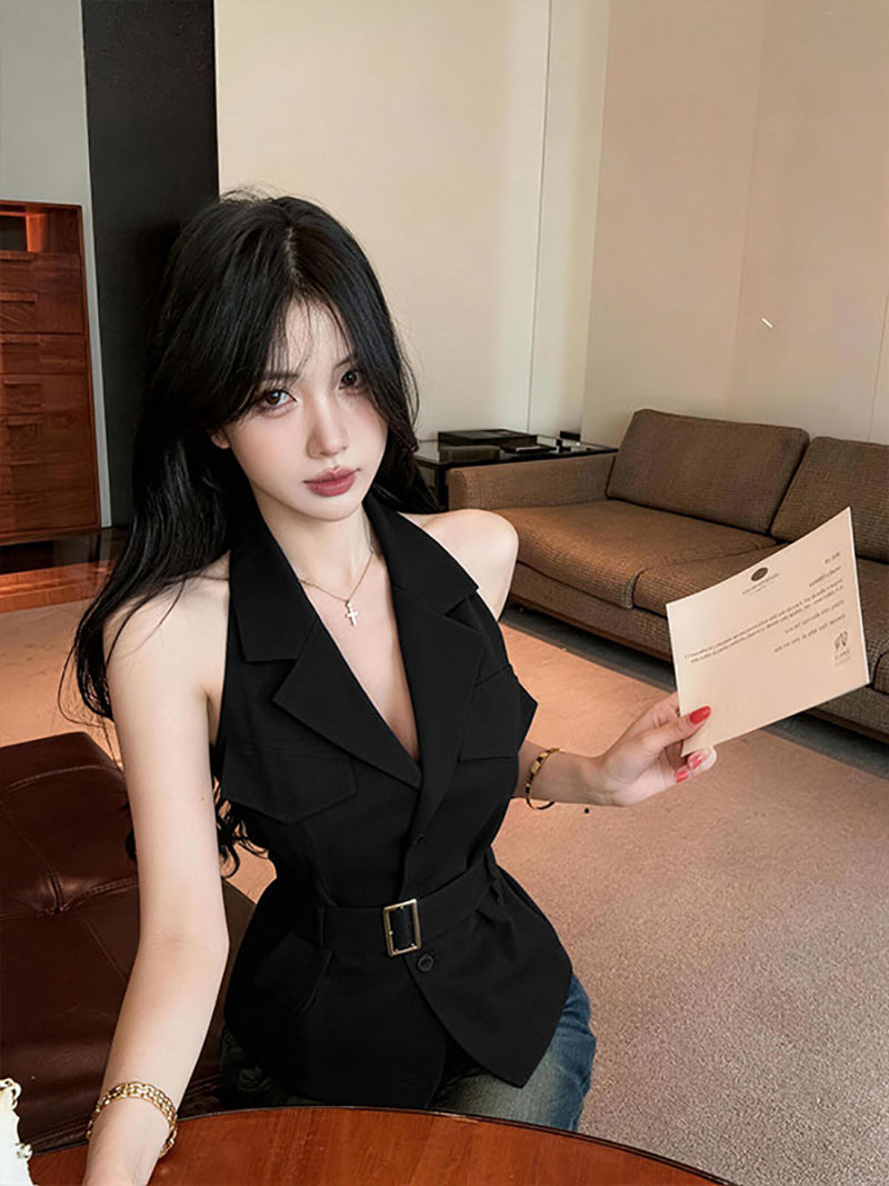 💕重工雙口袋polo領顯瘦馬甲襯衫+腰帶