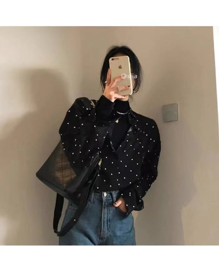 💕法式chic復古翻領撞色點點寬鬆襯衫