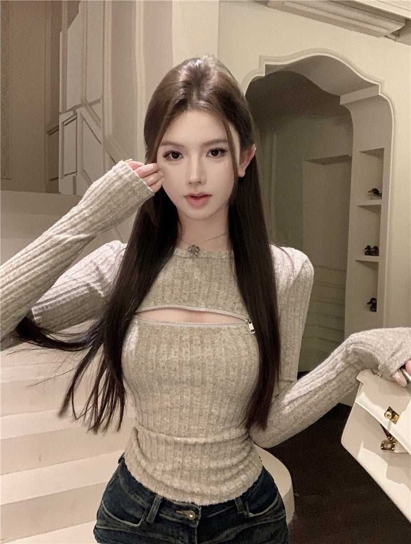 💕氣質柔軟可拉拉鍊圓領針織長袖打底衫