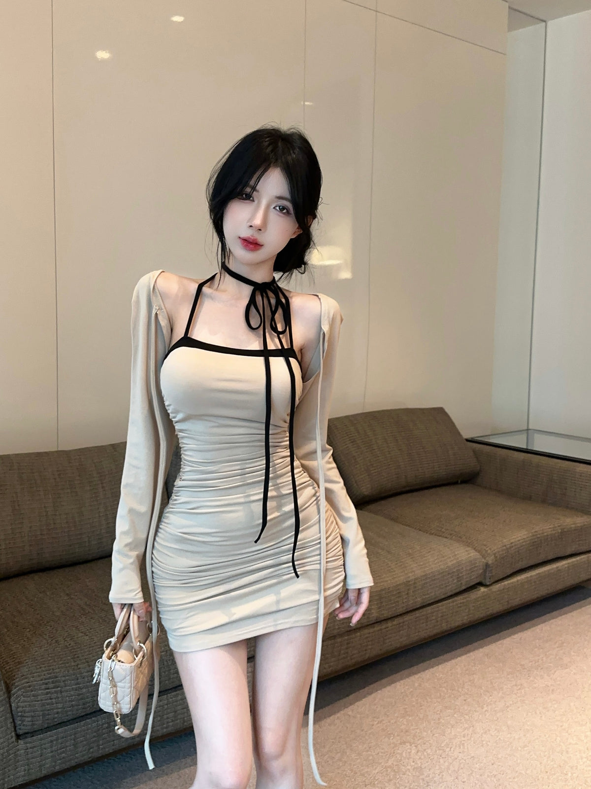 💕拚色系繩多種穿法包臀連身短裙+長袖短款罩衫兩件套