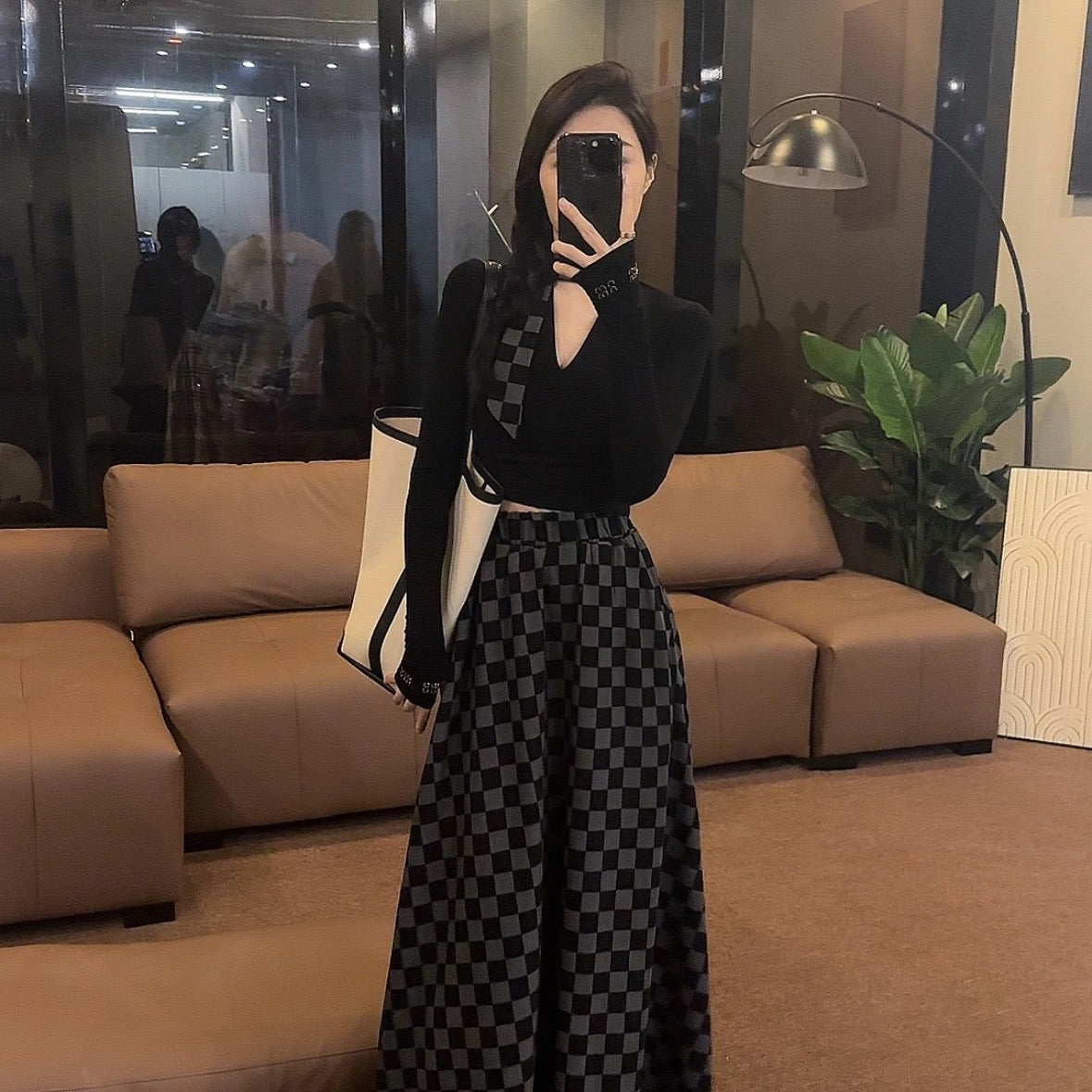 💕復古格子A字高腰顯瘦套裝