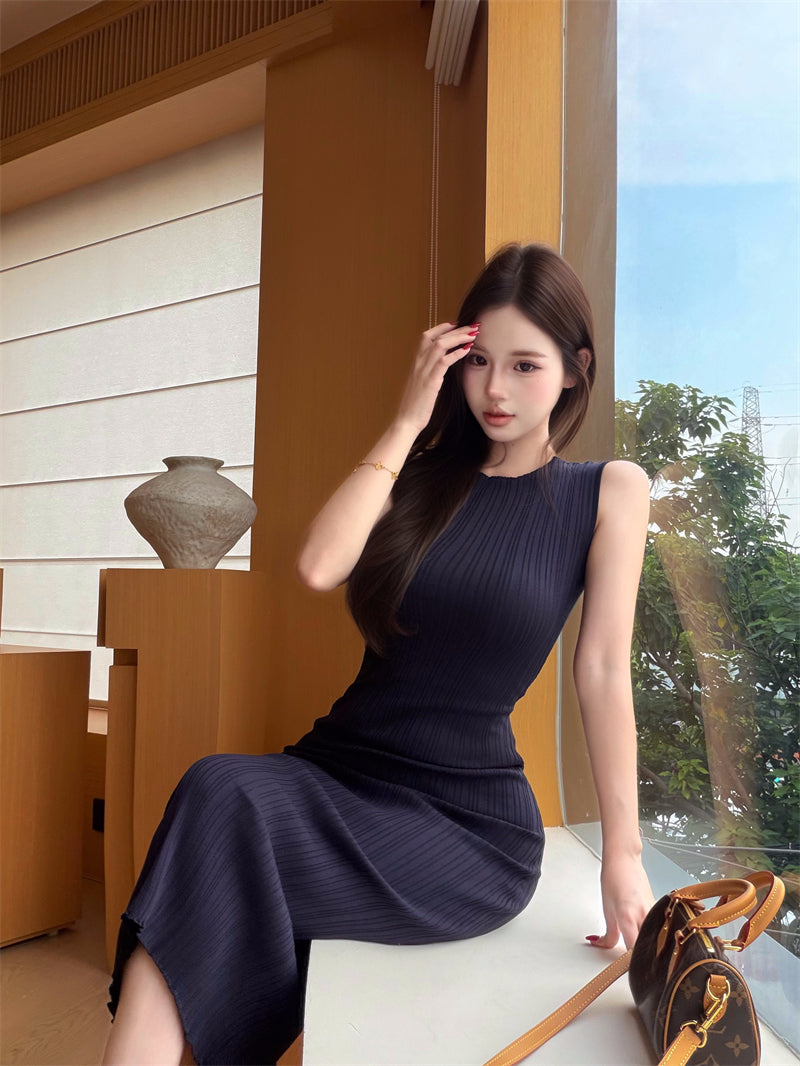 💕春夏優雅無袖針織修身顯瘦連衣裙