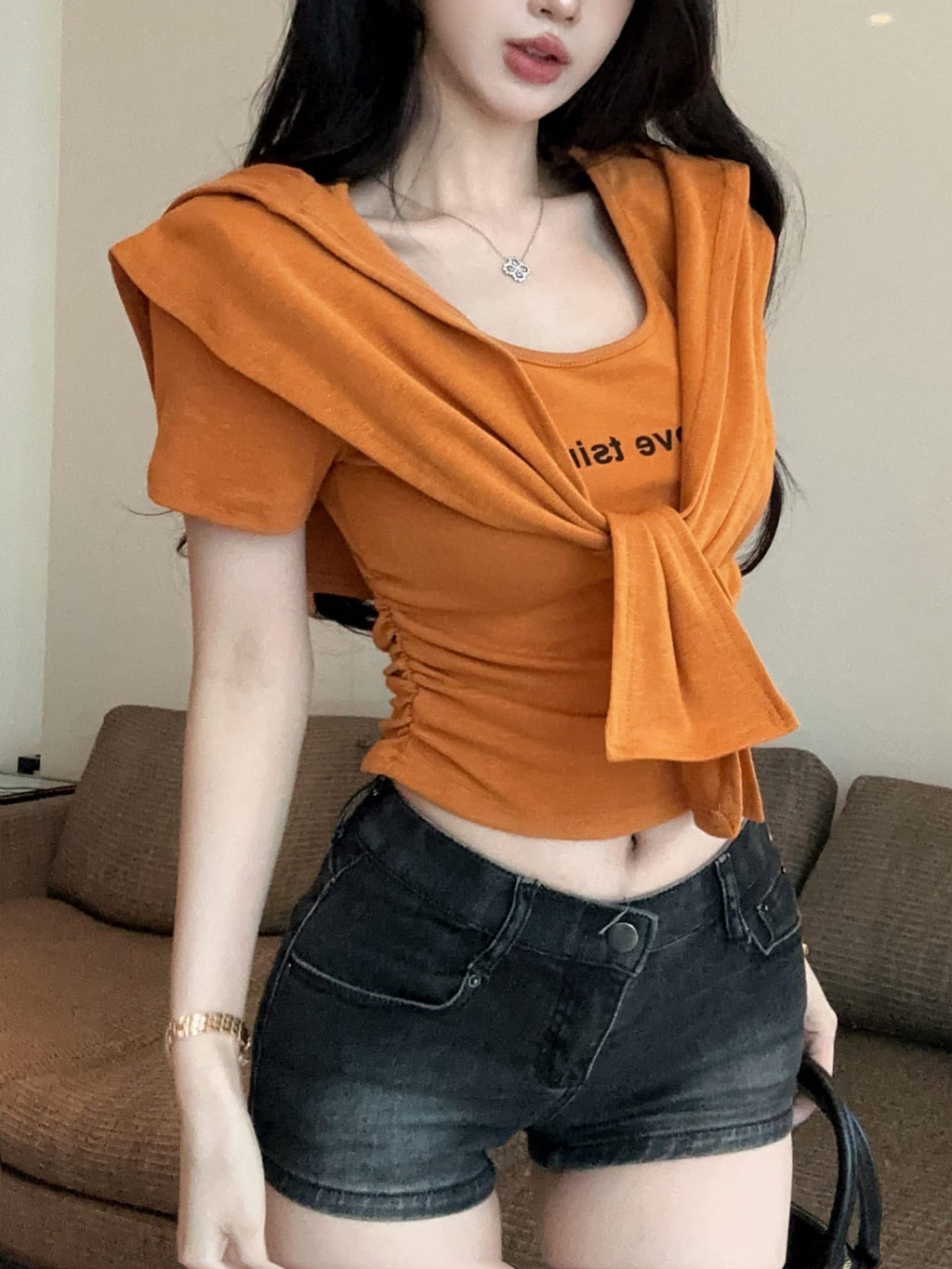 💕夏季時尚百搭圓領連帽披肩兩件套