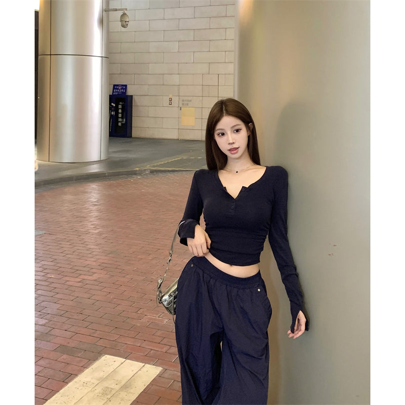 💕秋冬辣妹半高U領修身褶皺短磨毛內搭打底上衣