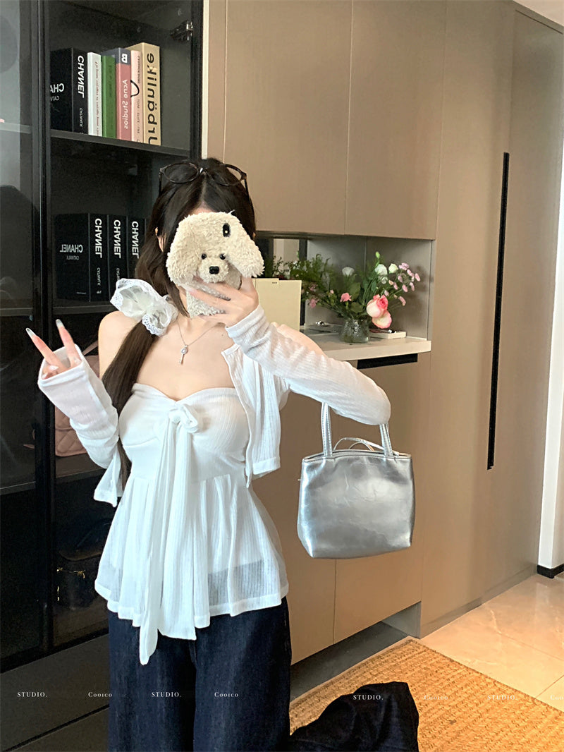 💕清透感白色針織開衫吊帶套裝