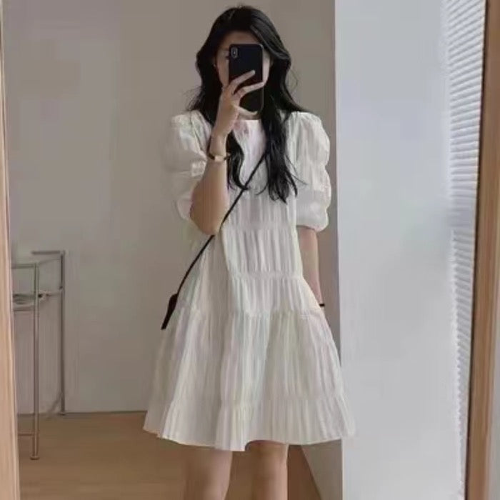 💕慵懶氣質小眾褶皺泡泡袖法式連衣裙
