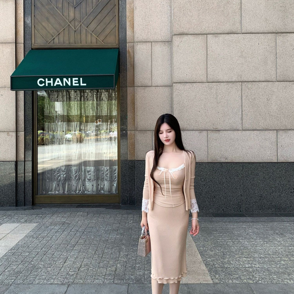 💕溫柔御姊休閒蕾絲吊帶半身裙三件套