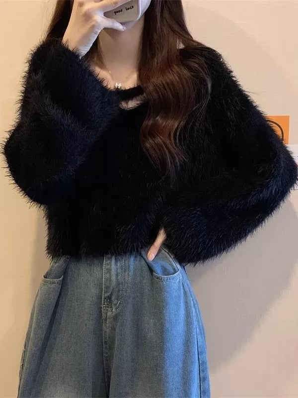 💕秋冬慵懶軟糯水貂毛短款上衣