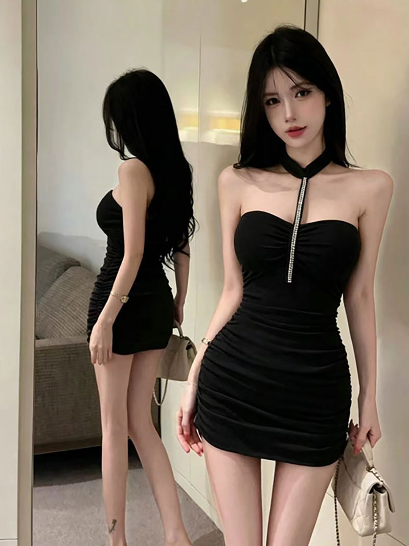 💕辣妹性感御姐風掛脖手工釘鑽緊身包臀裙