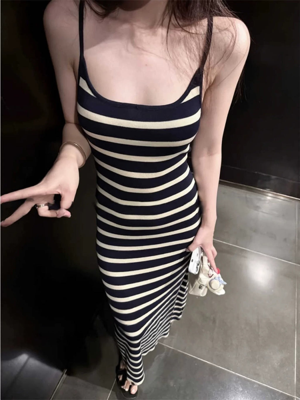 💕韓系氣質條紋針織連衣長裙