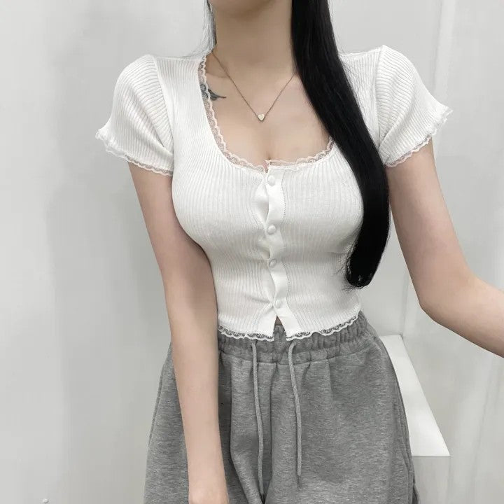 💕百搭蕾絲邊打底短版鈕扣襯衫單品