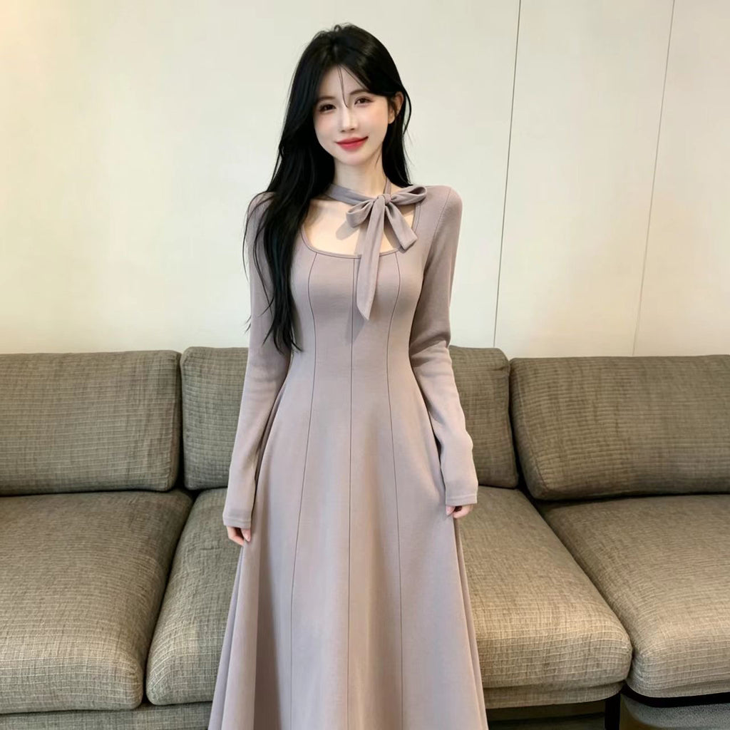 💕秋冬韓系輕熟風方領長袖系帶顯瘦連身裙