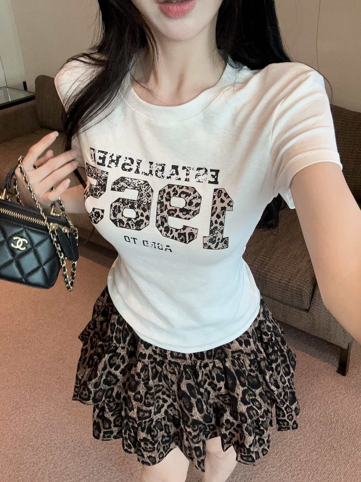 💕夏季豹紋印花圓領百搭短袖上衣