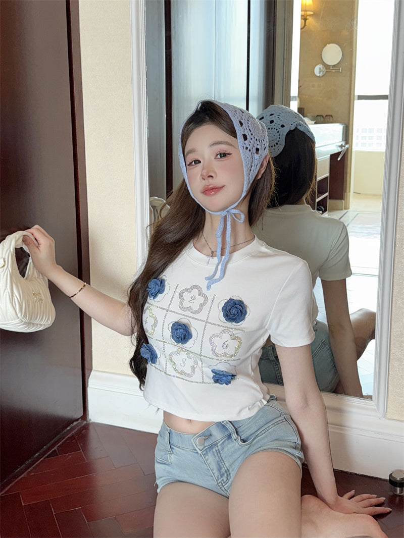 💕韓系立體花朵裝飾燙鑽短袖上衣