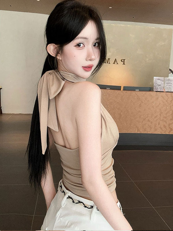 💕掛脖飄帶帶胸墊收腰無袖露肩上衣