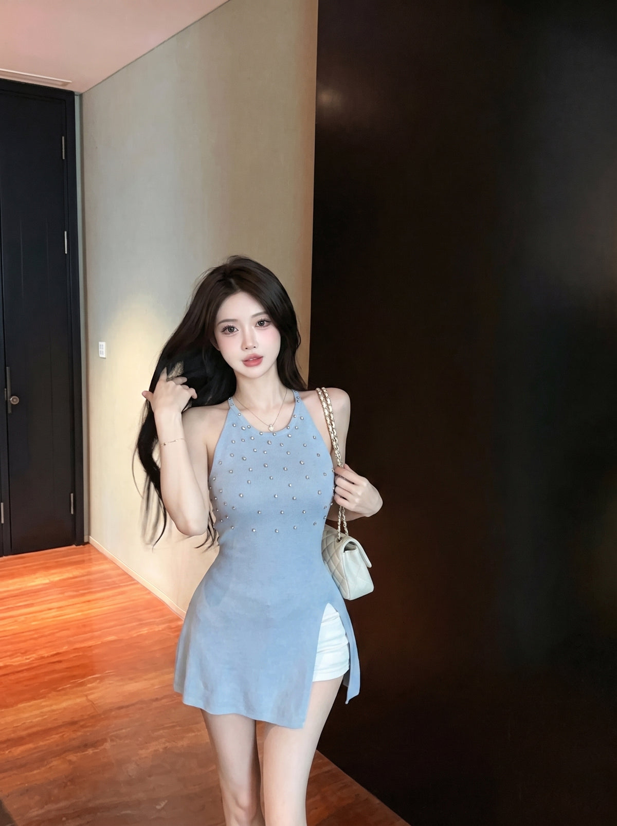 💕法式氣質重工鑲鑽掛脖針織無袖開衩收腰上衣